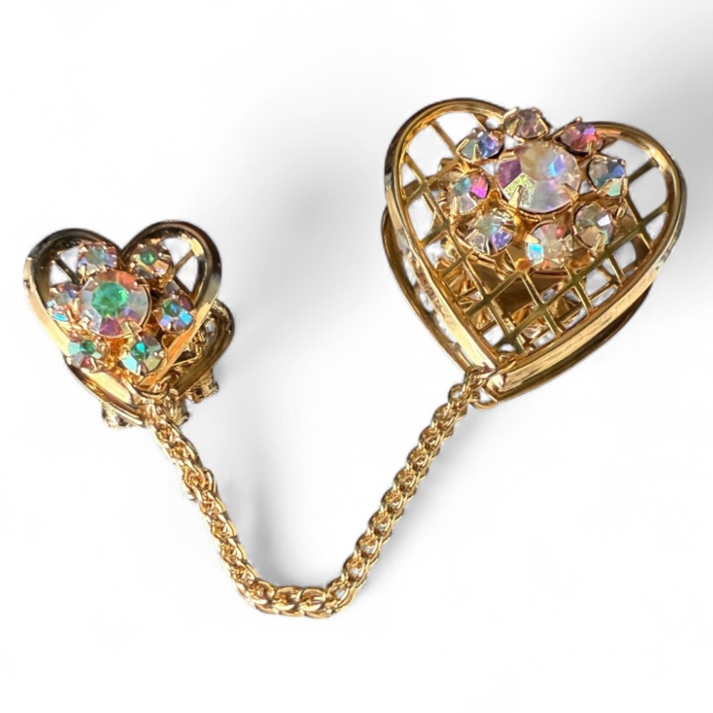 Vintage Gold Aurora Borealis Rhinestone Double Heart Chatelaine Brooch Pin AB